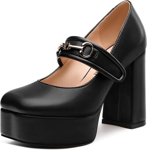 حذاء نسائي من JUSTDANNI بكعب ماري جين وكعب عالٍ مكتنز ومربع مغلق عند الأصابع حذاء مريح بحزام واحد لحفلات الزفاف والمكتب in Kuwait