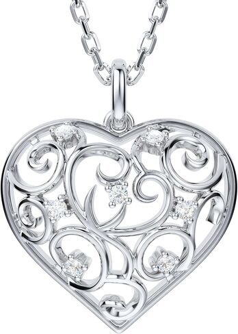 THELANDA Genuine Moissanite Sterling Silver 3D Filigree Heart-Shaped Pendant Necklace, Adjustable 18-20 Inch, Fine Elegant Jewelry Gift for Women in Kuwait