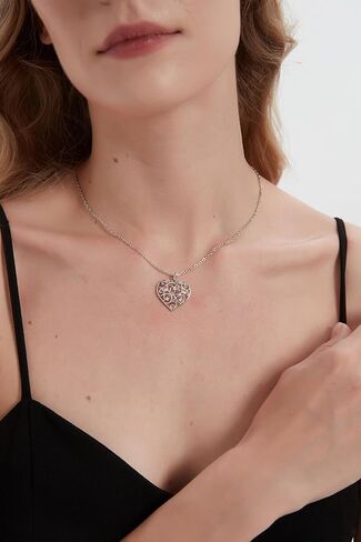 THELANDA Genuine Moissanite Sterling Silver 3D Filigree Heart-Shaped Pendant Necklace, Adjustable 18-20 Inch, Fine Elegant Jewelry Gift for Women in Kuwait