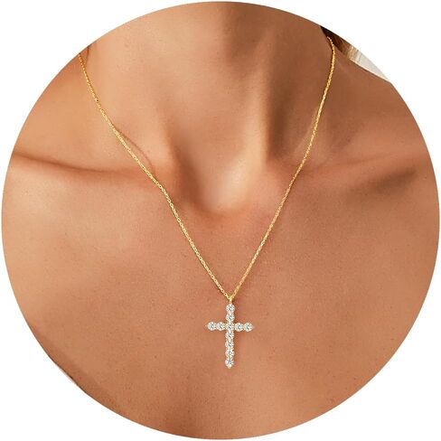 14K Gold Plated Dainty Cross Necklace for Women, Non Tarnish Cross Silver Pendants Necklaces for Women Trendy, Medium Cubic Zirconia Necklace for Women in Saudi Arabia