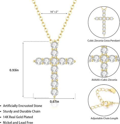14K Gold Plated Dainty Cross Necklace for Women, Non Tarnish Cross Silver Pendants Necklaces for Women Trendy, Medium Cubic Zirconia Necklace for Women in Saudi Arabia
