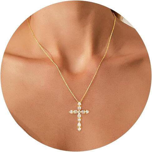 14K Gold Plated Dainty Cross Necklace for Women, Non Tarnish Cross Silver Pendants Necklaces for Women Trendy, Medium Cubic Zirconia Necklace for Women in Saudi Arabia
