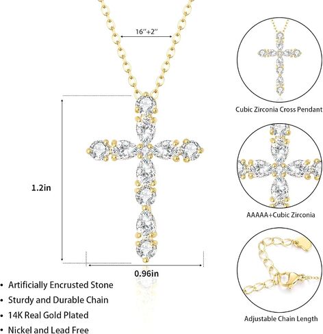 14K Gold Plated Dainty Cross Necklace for Women, Non Tarnish Cross Silver Pendants Necklaces for Women Trendy, Medium Cubic Zirconia Necklace for Women in Saudi Arabia