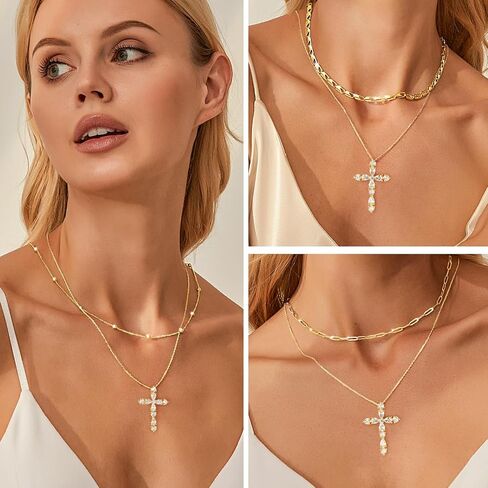 14K Gold Plated Dainty Cross Necklace for Women, Non Tarnish Cross Silver Pendants Necklaces for Women Trendy, Medium Cubic Zirconia Necklace for Women in Saudi Arabia