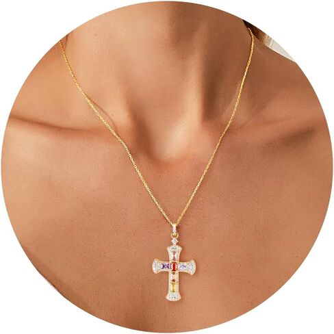 14K Gold Plated Dainty Cross Necklace for Women, Non Tarnish Cross Silver Pendants Necklaces for Women Trendy, Medium Cubic Zirconia Necklace for Women in Saudi Arabia