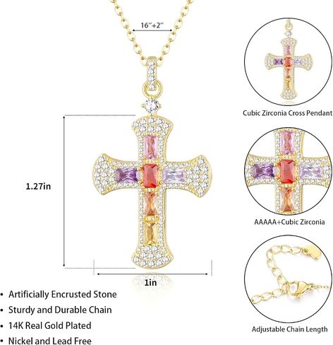 14K Gold Plated Dainty Cross Necklace for Women, Non Tarnish Cross Silver Pendants Necklaces for Women Trendy, Medium Cubic Zirconia Necklace for Women in Saudi Arabia