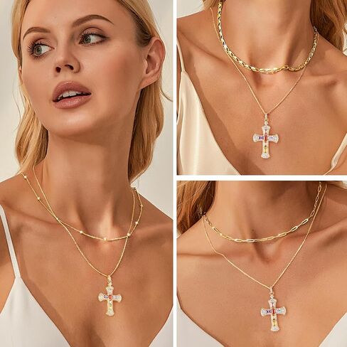 14K Gold Plated Dainty Cross Necklace for Women, Non Tarnish Cross Silver Pendants Necklaces for Women Trendy, Medium Cubic Zirconia Necklace for Women in Saudi Arabia
