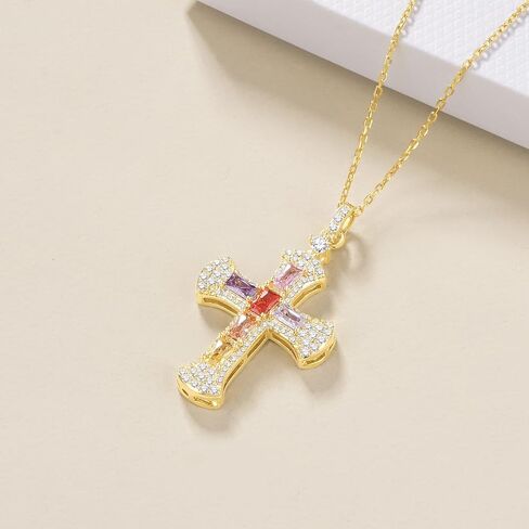 14K Gold Plated Dainty Cross Necklace for Women, Non Tarnish Cross Silver Pendants Necklaces for Women Trendy, Medium Cubic Zirconia Necklace for Women in Saudi Arabia