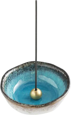 Asayu Japan Small Mini Incense Holder for Sticks, Nature Aquamarine Color, 3.3 inch (83mm), Made in Japan Ceramic Ash Catcher & Brass Incense Burner Set for Relaxation, Meditation, Office & Home Decor in Saudi Arabia