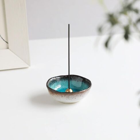 Asayu Japan Small Mini Incense Holder for Sticks, Nature Aquamarine Color, 3.3 inch (83mm), Made in Japan Ceramic Ash Catcher & Brass Incense Burner Set for Relaxation, Meditation, Office & Home Decor in Saudi Arabia