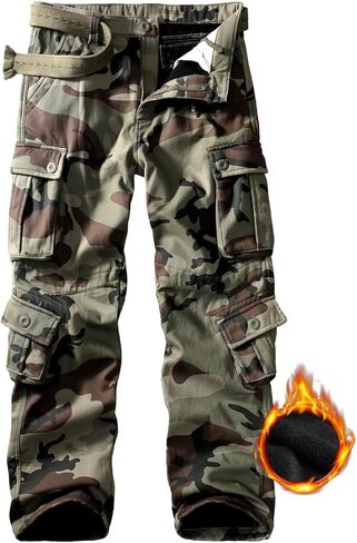 Men's Fleece Lined Hiking Pants, Winter Camo Cargo Pants Army Casual Work Ski Pants for Men with 8 Pockets No Belt in Kuwait