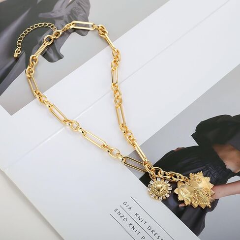HETICA Chunky Gold Necklace for Women, Heart Pendants Necklace Sun Flower Necklace Fashion Hip Hop Choker Gift in Kuwait