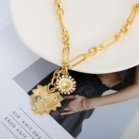 HETICA Chunky Gold Necklace for Women, Heart Pendants Necklace Sun Flower Necklace Fashion Hip Hop Choker Gift in Kuwait