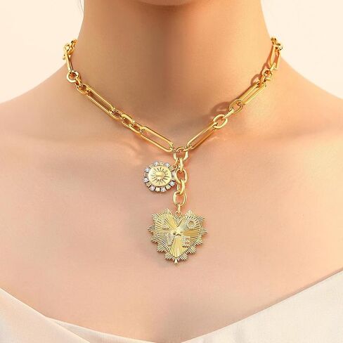 HETICA Chunky Gold Necklace for Women, Heart Pendants Necklace Sun Flower Necklace Fashion Hip Hop Choker Gift in Kuwait