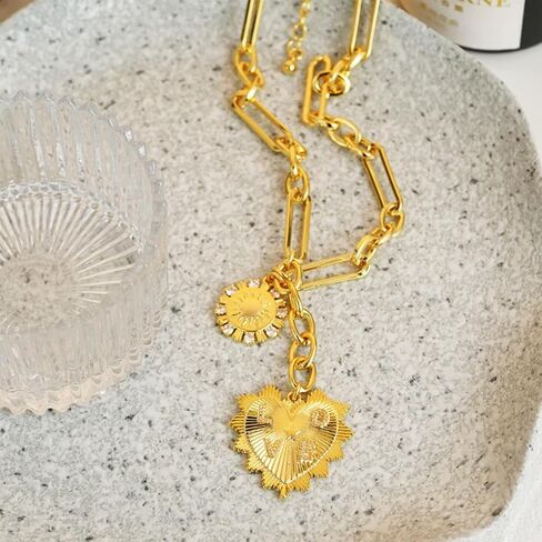 HETICA Chunky Gold Necklace for Women, Heart Pendants Necklace Sun Flower Necklace Fashion Hip Hop Choker Gift in Kuwait