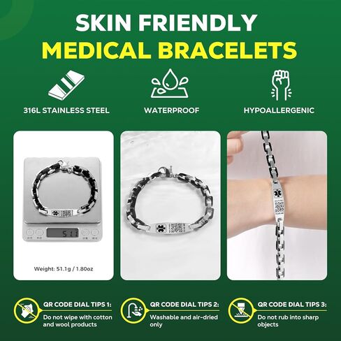 أساور طبية مطورة مع رمز الاستجابة السريعة للنساء والرجال سوار معرف التنبيه الطبي - رمز صغير من الفضة الاسترليني 7 بوصة - 9 بوصة - مساحة أكبر لمعلومات الهوية الطبية الطارئة المخصصة in Kuwait