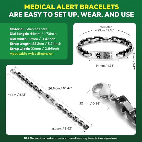 أساور طبية مطورة مع رمز الاستجابة السريعة للنساء والرجال سوار معرف التنبيه الطبي - رمز صغير من الفضة الاسترليني 7 بوصة - 9 بوصة - مساحة أكبر لمعلومات الهوية الطبية الطارئة المخصصة in Kuwait