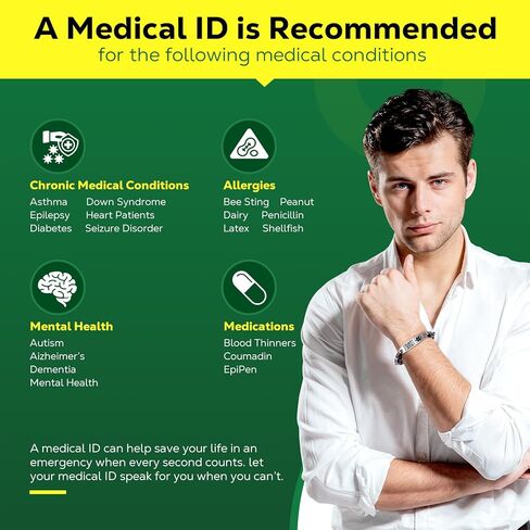 أساور طبية مطورة مع رمز الاستجابة السريعة للنساء والرجال سوار معرف التنبيه الطبي - رمز صغير من الفضة الاسترليني 7 بوصة - 9 بوصة - مساحة أكبر لمعلومات الهوية الطبية الطارئة المخصصة in Kuwait