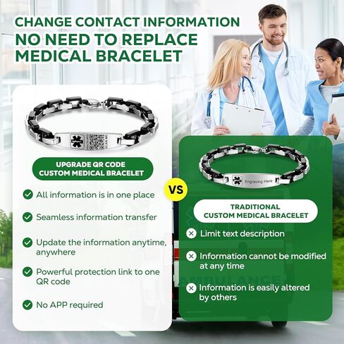 أساور طبية مطورة مع رمز الاستجابة السريعة للنساء والرجال سوار معرف التنبيه الطبي - رمز صغير من الفضة الاسترليني 7 بوصة - 9 بوصة - مساحة أكبر لمعلومات الهوية الطبية الطارئة المخصصة in Kuwait