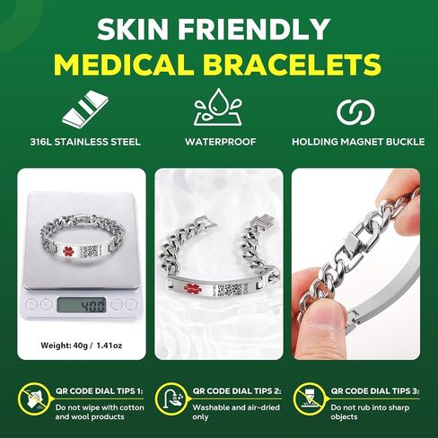 Upgraded Medical Bracelets with QR Code for Women Men Medical Alert Id Bracelet - Sterling Silver Small Code 7''-9'' - More Space Custom Emergency Medical ID Info in Saudi Arabia