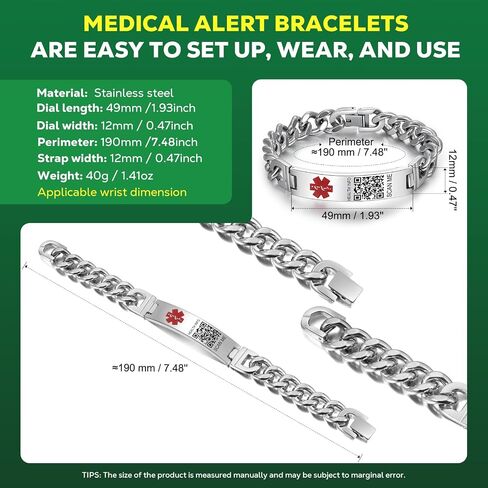 Upgraded Medical Bracelets with QR Code for Women Men Medical Alert Id Bracelet - Sterling Silver Small Code 7''-9'' - More Space Custom Emergency Medical ID Info in Saudi Arabia