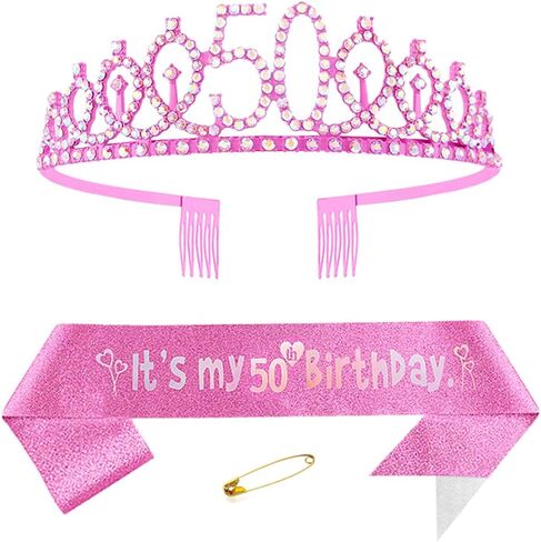 وشاح عيد الميلاد الخمسين الوردي للنساء عيد ميلاد الأميرة تاج الملكة تيارا حجر الراين عصابات عيد ميلاد عيد ميلاد الملكة وشاح زينة عيد ميلاد سعيد للنساء 50 عامًا لوازم حفلات أعياد الميلاد in Kuwait