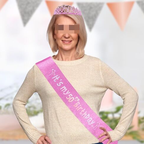 وشاح عيد الميلاد الخمسين الوردي للنساء عيد ميلاد الأميرة تاج الملكة تيارا حجر الراين عصابات عيد ميلاد عيد ميلاد الملكة وشاح زينة عيد ميلاد سعيد للنساء 50 عامًا لوازم حفلات أعياد الميلاد in Kuwait