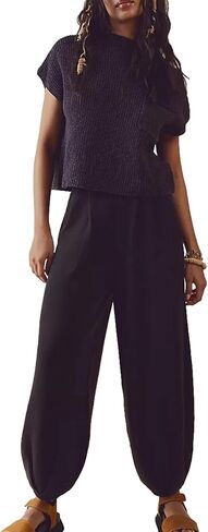Womens 2 Piece Outfits Sweater Sets Short Sleeve Knitted Pullover Tops High Waisted Pants with Pockets in Kuwait
