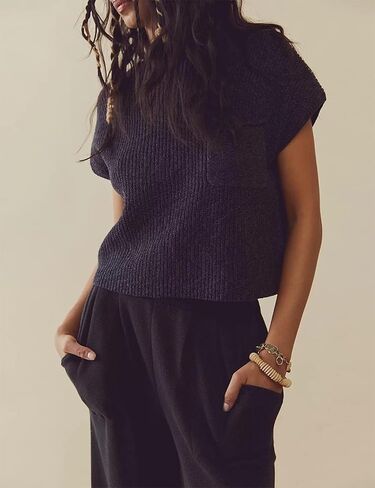 Womens 2 Piece Outfits Sweater Sets Short Sleeve Knitted Pullover Tops High Waisted Pants with Pockets in Kuwait