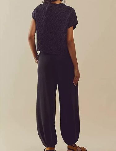 Womens 2 Piece Outfits Sweater Sets Short Sleeve Knitted Pullover Tops High Waisted Pants with Pockets in Kuwait