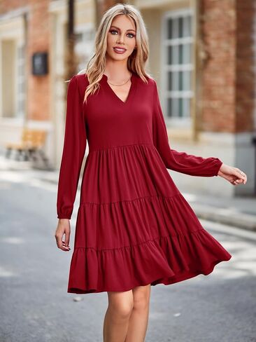 BIUBIU Women's 2023 Casual Fall Dress Long Sleeve V Neck Knee Length Flowy Tiered Cute Babydoll Dresses with Pockets in Saudi Arabia