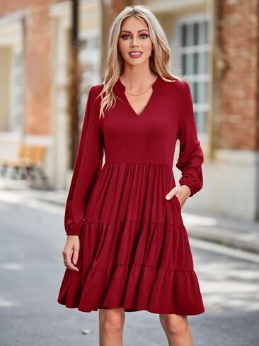 BIUBIU Women's 2023 Casual Fall Dress Long Sleeve V Neck Knee Length Flowy Tiered Cute Babydoll Dresses with Pockets in Saudi Arabia