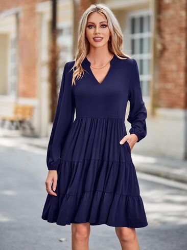 BIUBIU Women's 2023 Casual Fall Dress Long Sleeve V Neck Knee Length Flowy Tiered Cute Babydoll Dresses with Pockets in Saudi Arabia