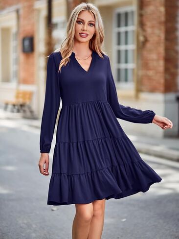 BIUBIU Women's 2023 Casual Fall Dress Long Sleeve V Neck Knee Length Flowy Tiered Cute Babydoll Dresses with Pockets in Saudi Arabia
