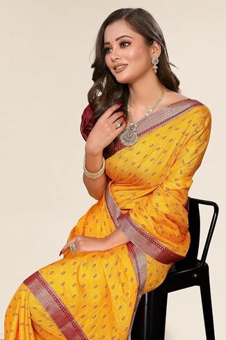 الساري الهندي للنساء ملابس الساري الحريري من Banarasi للحفلات الفاخرة من القطن الناعم الخالص Kanjivaram مجموعة زفاف جديدة مع قطعة بلوزة ساري هندي حزمة من 1 (أصفر) in Saudi Arabia