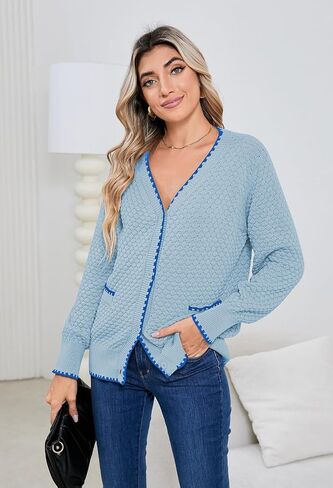 Pink Queen Women's Cropped Cardigan 2024 Long Sleeve V-Neck Button Down Knit Sweater Tops Open Front Lightweight in Saudi Arabia