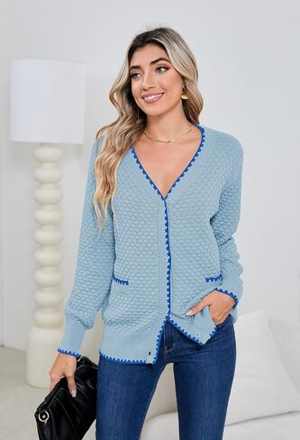 Pink Queen Women's Cropped Cardigan 2024 Long Sleeve V-Neck Button Down Knit Sweater Tops Open Front Lightweight in Saudi Arabia