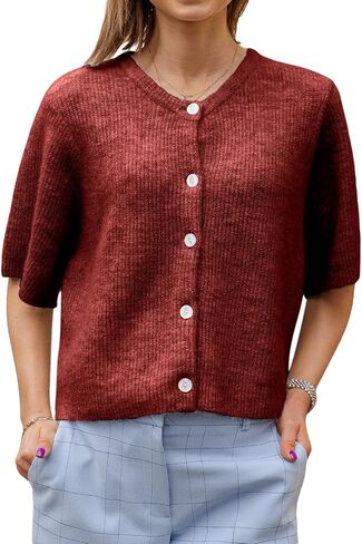 Women Knitted Crop Cardigan Shirt Y2k Short Sleeve Cardigan Button Up Rib Knit Elegant Loose Fit Sweater Tops in Saudi Arabia
