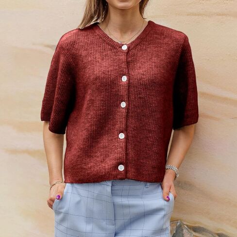 Women Knitted Crop Cardigan Shirt Y2k Short Sleeve Cardigan Button Up Rib Knit Elegant Loose Fit Sweater Tops in Saudi Arabia