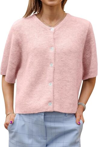 Women Knitted Crop Cardigan Shirt Y2k Short Sleeve Cardigan Button Up Rib Knit Elegant Loose Fit Sweater Tops in Saudi Arabia