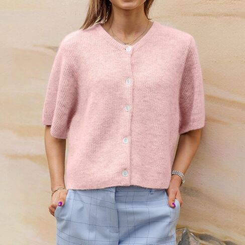 Women Knitted Crop Cardigan Shirt Y2k Short Sleeve Cardigan Button Up Rib Knit Elegant Loose Fit Sweater Tops in Saudi Arabia