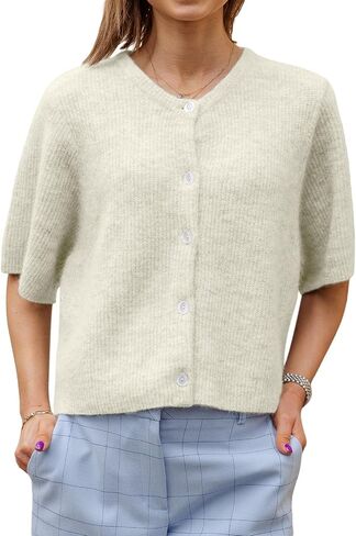 Women Knitted Crop Cardigan Shirt Y2k Short Sleeve Cardigan Button Up Rib Knit Elegant Loose Fit Sweater Tops in Saudi Arabia
