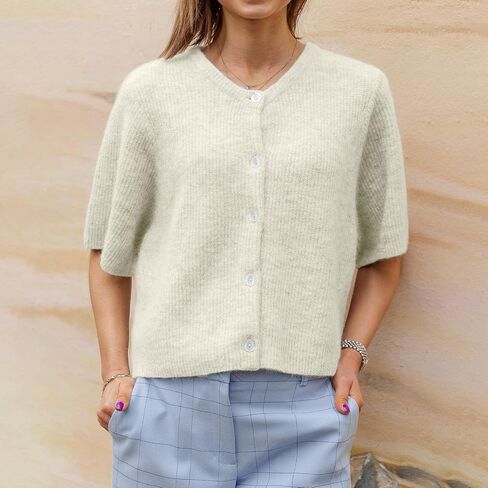 Women Knitted Crop Cardigan Shirt Y2k Short Sleeve Cardigan Button Up Rib Knit Elegant Loose Fit Sweater Tops in Saudi Arabia