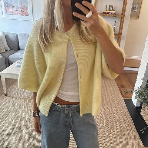 Women Knitted Crop Cardigan Shirt Y2k Short Sleeve Cardigan Button Up Rib Knit Elegant Loose Fit Sweater Tops in Saudi Arabia