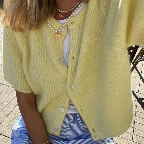 Women Knitted Crop Cardigan Shirt Y2k Short Sleeve Cardigan Button Up Rib Knit Elegant Loose Fit Sweater Tops in Saudi Arabia