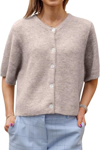 Women Knitted Crop Cardigan Shirt Y2k Short Sleeve Cardigan Button Up Rib Knit Elegant Loose Fit Sweater Tops in Saudi Arabia