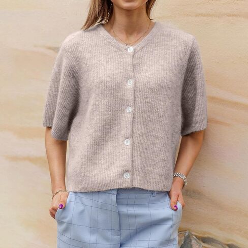 Women Knitted Crop Cardigan Shirt Y2k Short Sleeve Cardigan Button Up Rib Knit Elegant Loose Fit Sweater Tops in Saudi Arabia