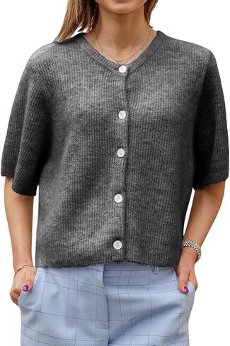 Women Knitted Crop Cardigan Shirt Y2k Short Sleeve Cardigan Button Up Rib Knit Elegant Loose Fit Sweater Tops in Saudi Arabia