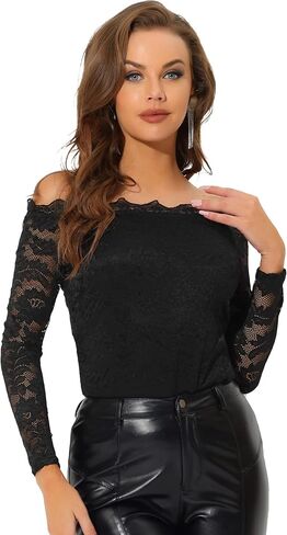 Allegra K Off Shoulder Floral Lace Top for Women's Sheer Long Sleeves Slim Fit Casual Blouse in Saudi Arabia