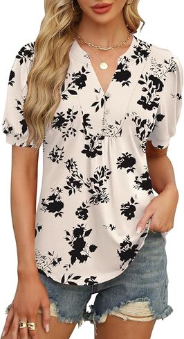 IECCP Womens Tops Puff Short Sleeve Shirts Casual V-Neck Summer Tops Button Down Pleated T-Shirts Loose Fit Tunic Blouses in Kuwait